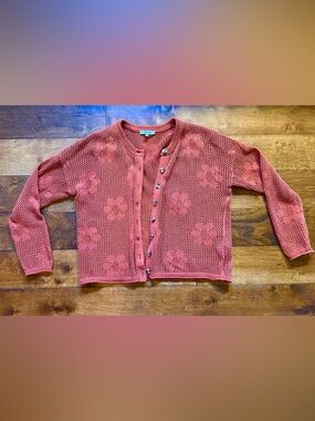 Madewell Women's Burnt Orange Floral Open-Knit Cardigan Sweater